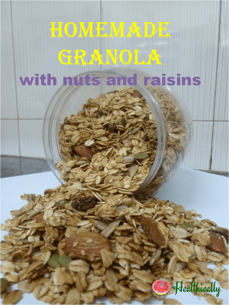 Homemade crunchy granola with nuts and raisins