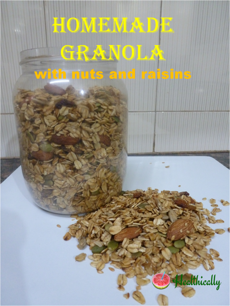 Homemade crunchy granola with nuts and raisins