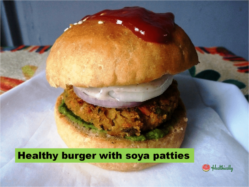 Healthy burger with soya patties / Nutrela soya granules cutlet recipe