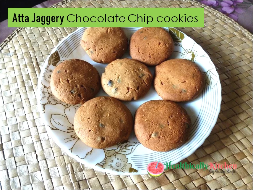 Atta Jaggery Cookies with Chocolate Chips | Eggless Healthy Cookies 1 Atta Jaggery Cookies recipe with chocolate chips