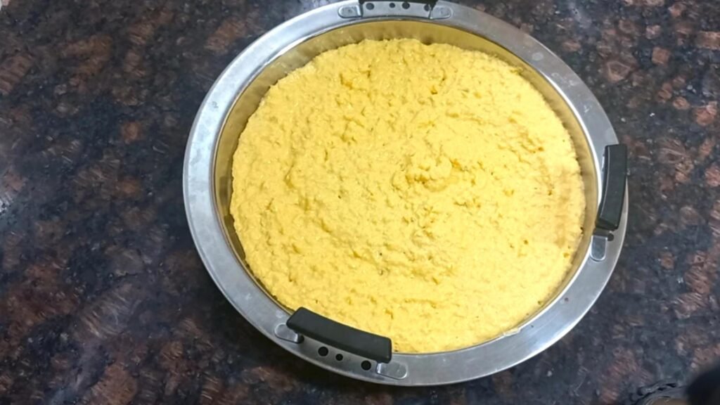 Soft & Fluffy Corn Dhokla Recipe with Fresh Corn | Easy Breakfast 13 batter in a tray Healthically Kitchen