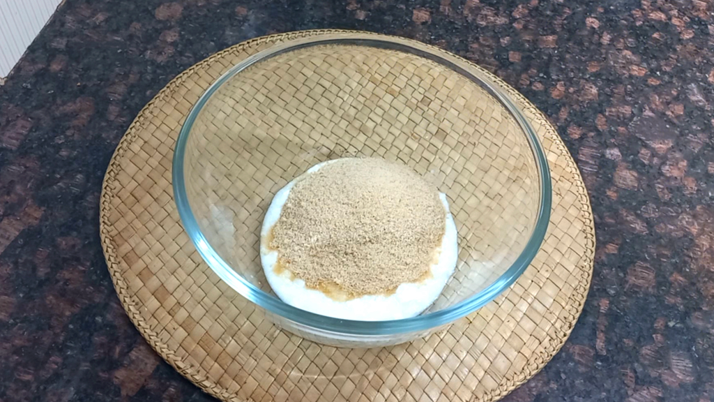 Eggless Nuts and Seeds Cake Without Maida | Atta Cake 3 curd and khand in a bowl Healthically Kitchen