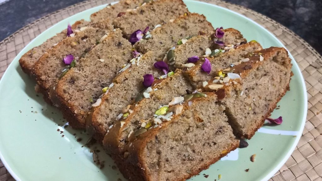 eggless nuts and seeds cake with whole wheat flour
